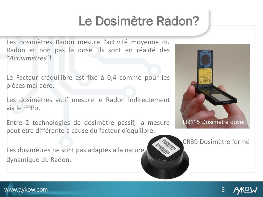 Le Dosimètre Radon Les dosimètres Radon mesure l’activité moyenne du Radon et non pas la dose. Ils sont en réalité des Activimètres !