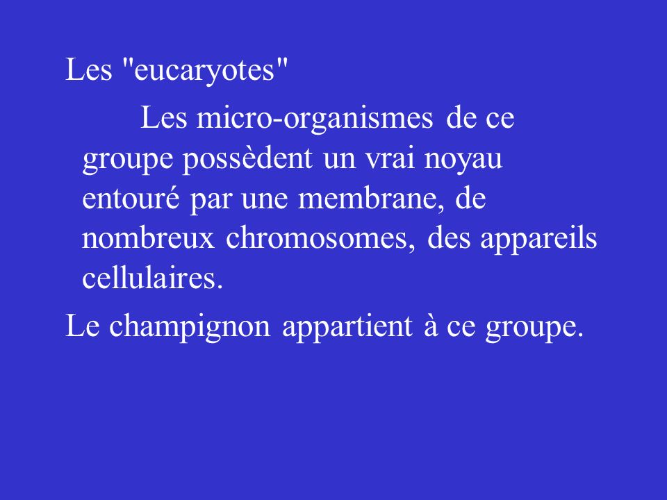 Les eucaryotes Les micro-organismes de ce groupe possèdent un vrai noyau entouré par une membrane, de nombreux chromosomes, des appareils cellulaires.