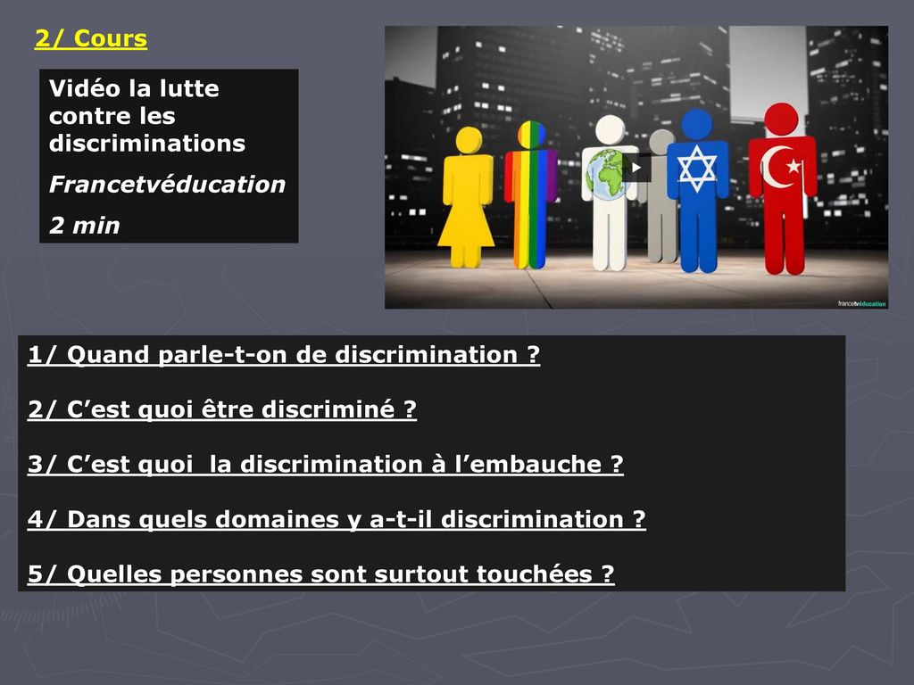 2/ Cours Vidéo la lutte contre les discriminations. Francetvéducation. 2 min. 1/ Quand parle-t-on de discrimination