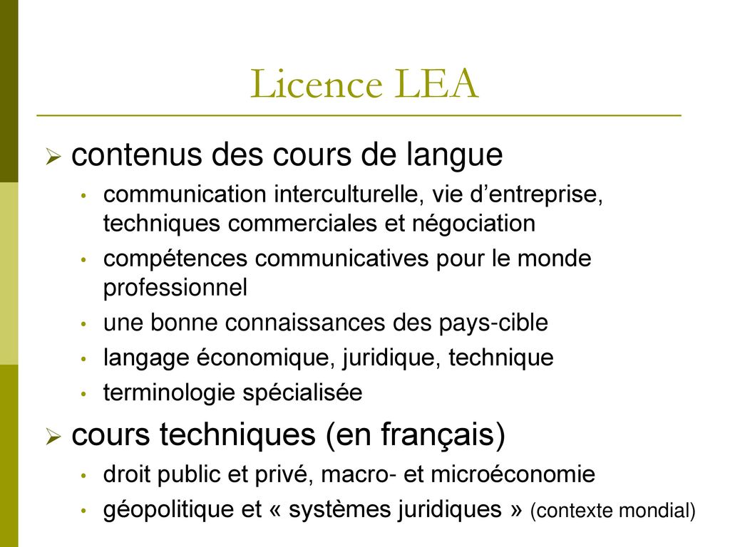 Licence LEA contenus des cours de langue