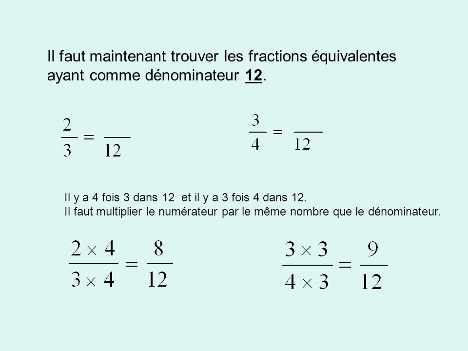 Il faut maintenant trouver les fractions équivalentes ayant comme dénominateur 12.