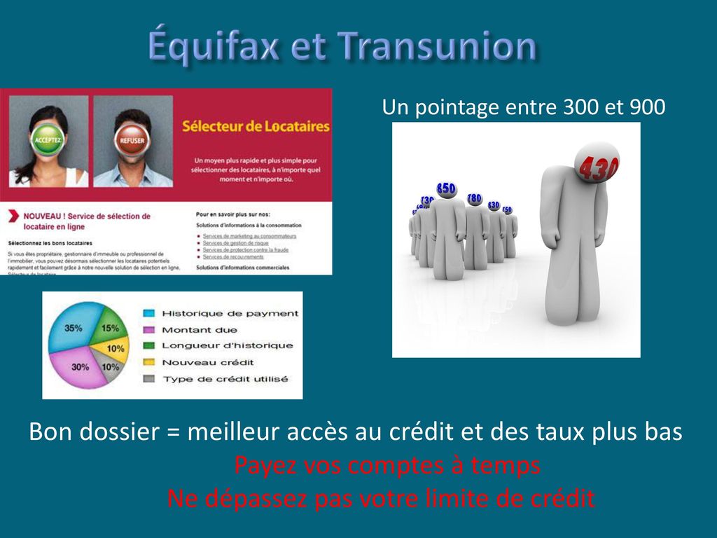 Équifax et Transunion Un pointage entre 300 et 900. Bon dossier = meilleur accès au crédit et des taux plus bas.