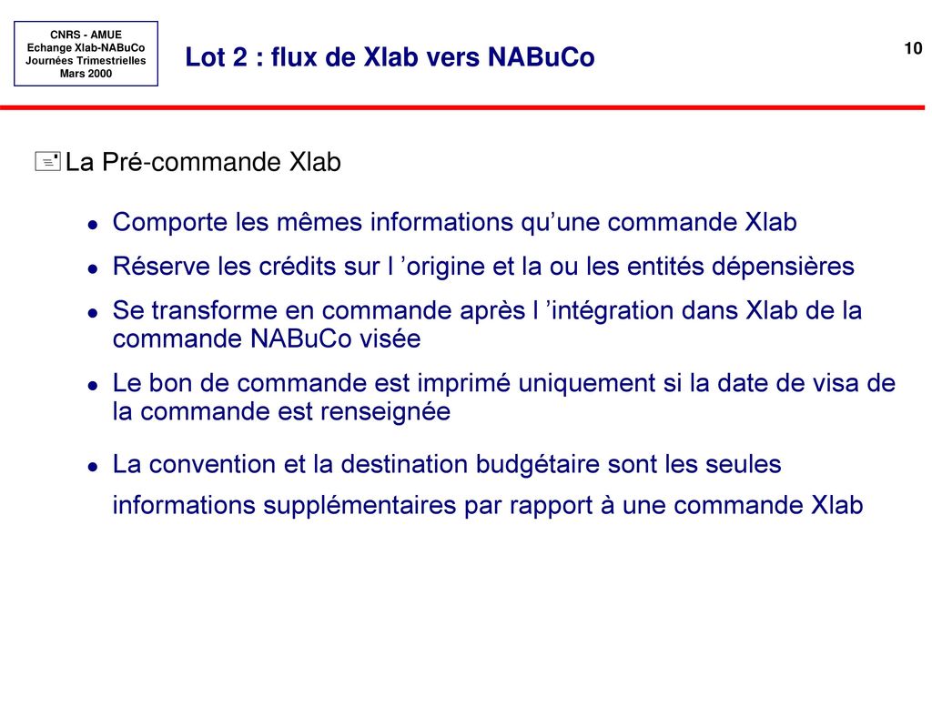 Lot 2 : flux de NABuCo vers Xlab