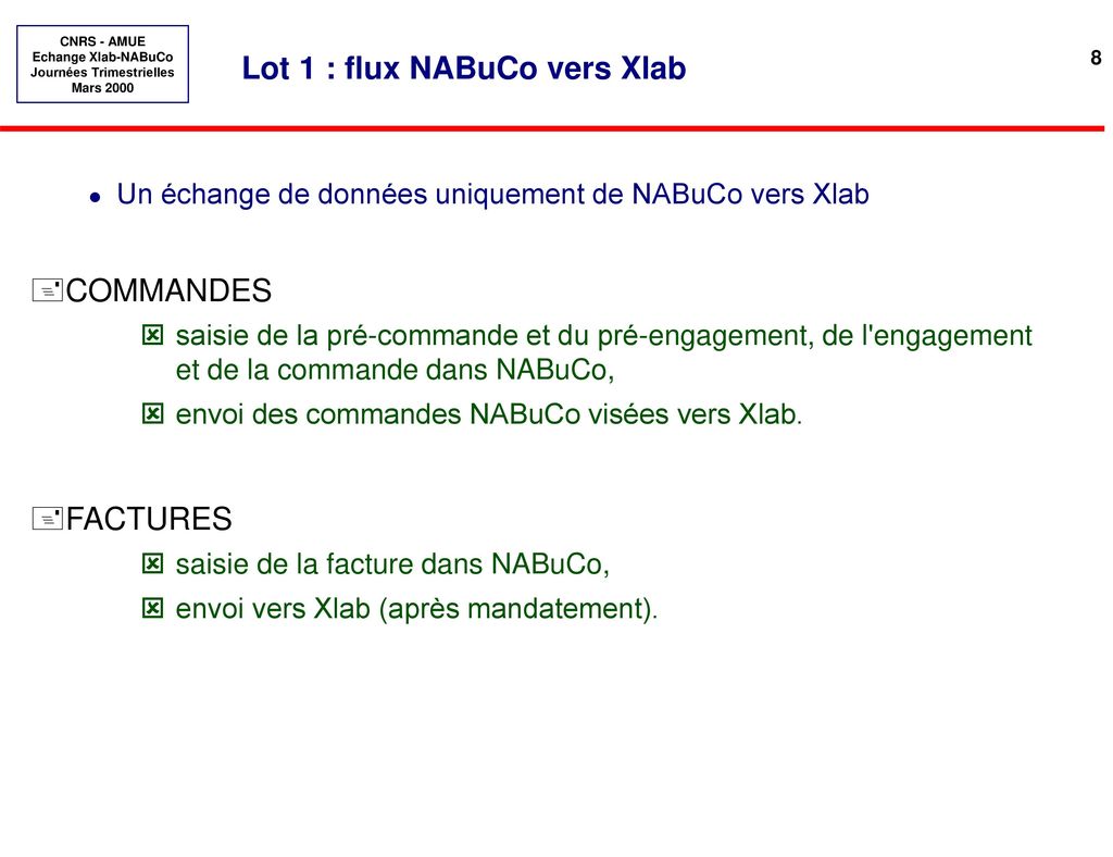 Lot 2 : flux de Xlab vers NABuCo et flux de NABuCo vers Xlab