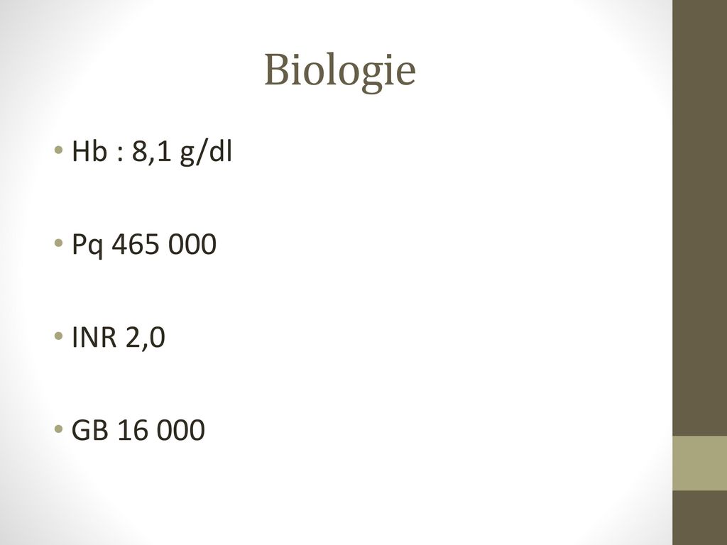 Biologie Hb : 8,1 g/dl Pq INR 2,0 GB