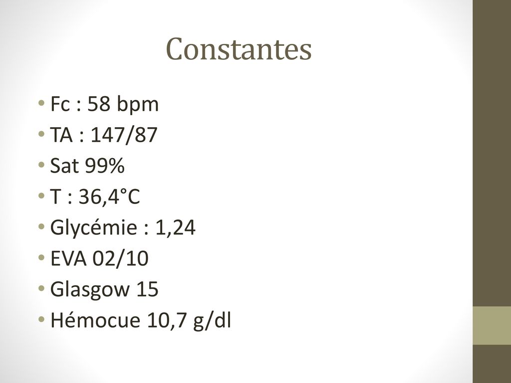 Constantes Fc : 58 bpm TA : 147/87 Sat 99% T : 36,4°C Glycémie : 1,24