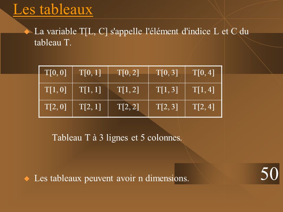 Les tableaux La variable T[L, C] s appelle l élément d indice L et C du tableau T. Tableau T à 3 lignes et 5 colonnes.
