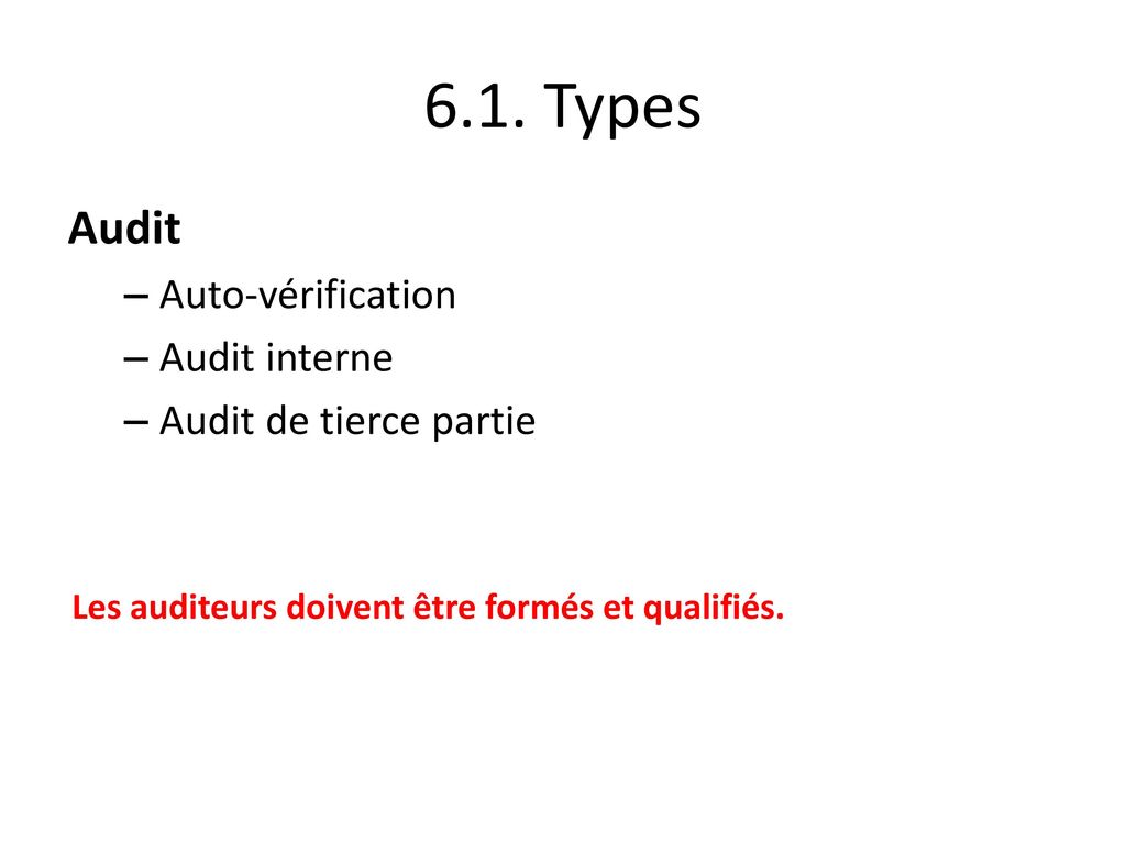 6.1. Types Audit Auto-vérification Audit interne