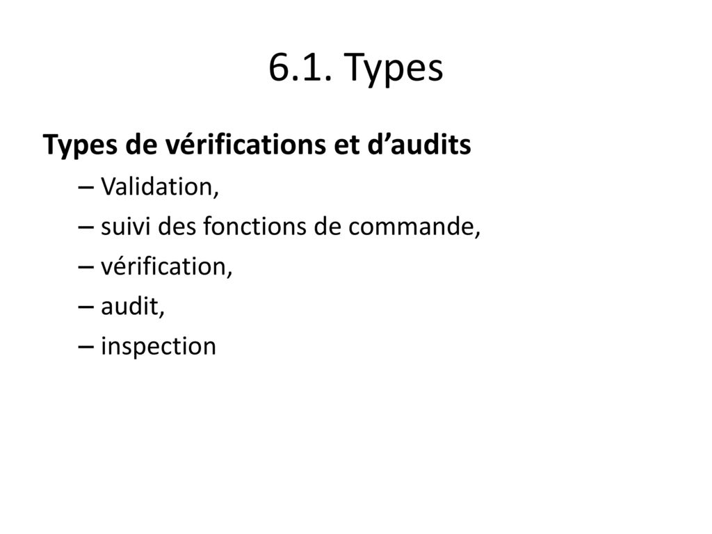 6.1. Types Types de vérifications et d’audits Validation,