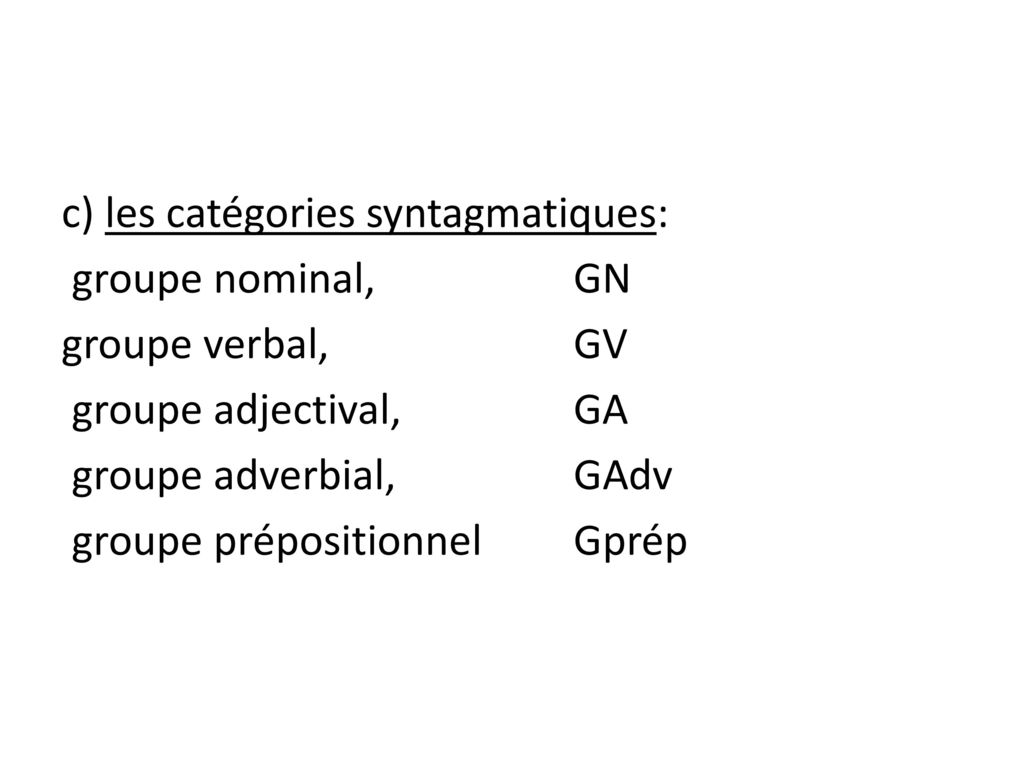 c) les catégories syntagmatiques: groupe nominal, GN groupe verbal, GV groupe adjectival, GA groupe adverbial, GAdv groupe prépositionnel Gprép