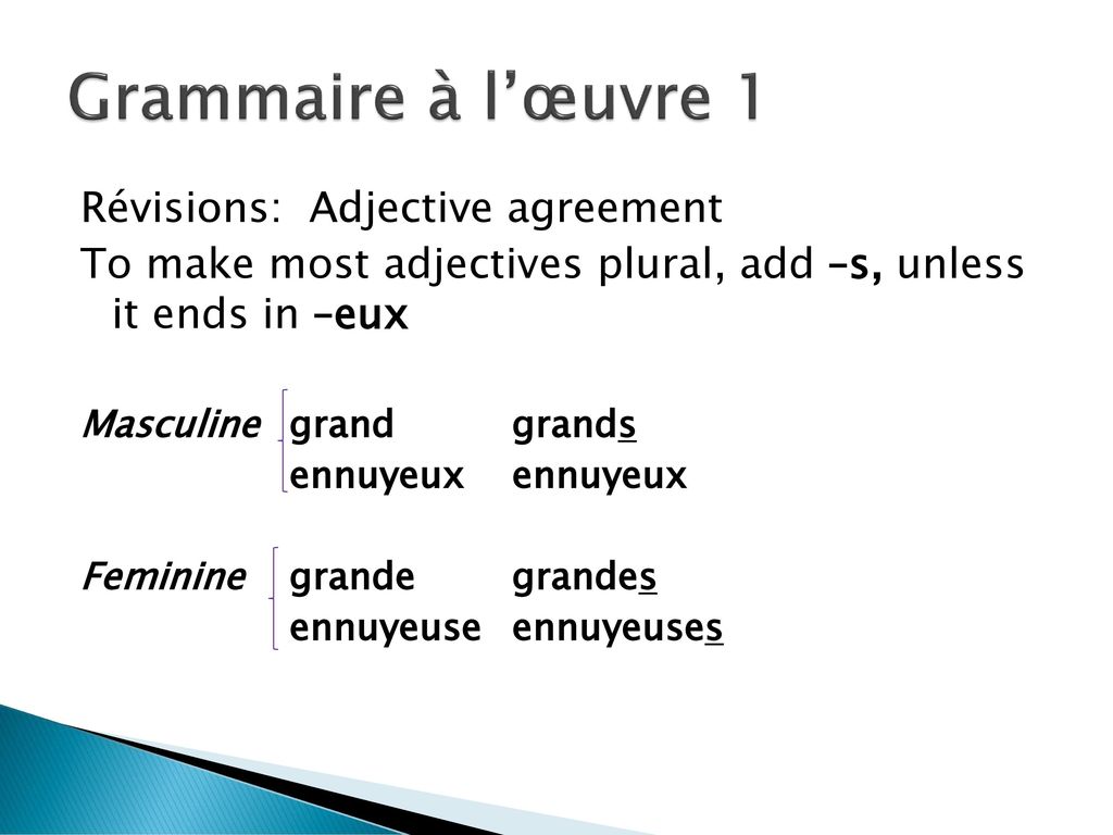 Grammaire à l’œuvre 1 Révisions: Adjective agreement