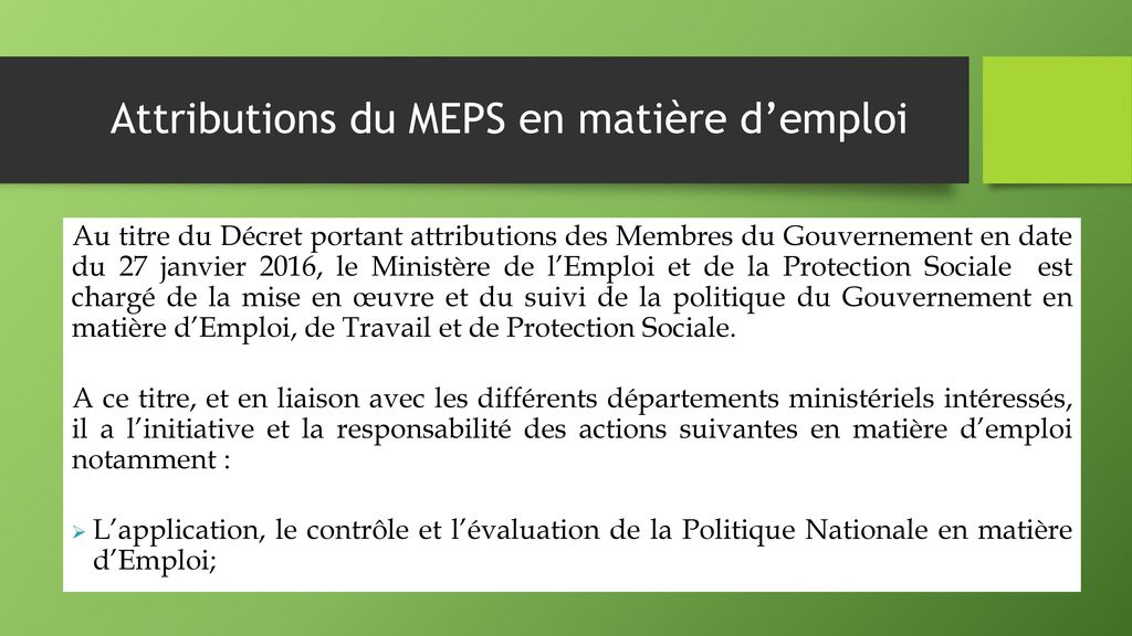 Attributions du MEPS en matière d’emploi