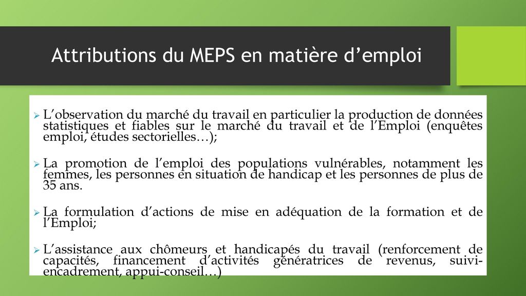 Attributions du MEPS en matière d’emploi
