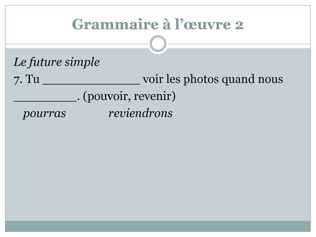 Grammaire à l’œuvre 2 Le future simple 7. Tu voir les photos quand nous .