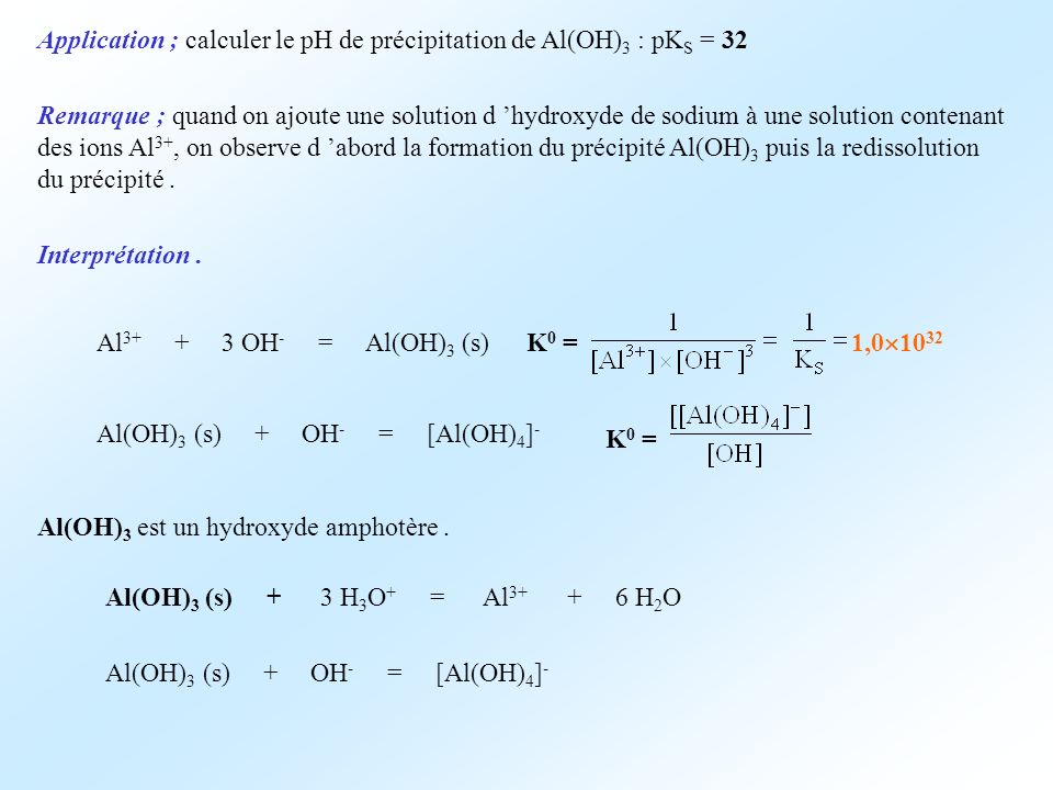 Application ; calculer le pH de précipitation de Al(OH)3 : pKS = 32