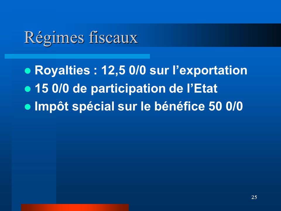 Régimes fiscaux Royalties : 12,5 0/0 sur l’exportation