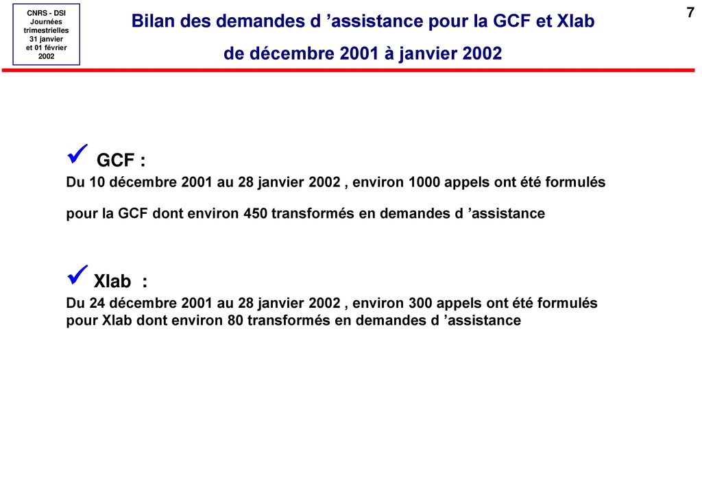 Bilan des demandes d ’assistance pour la GCF et Xlab de décembre 2001 à janvier 2002