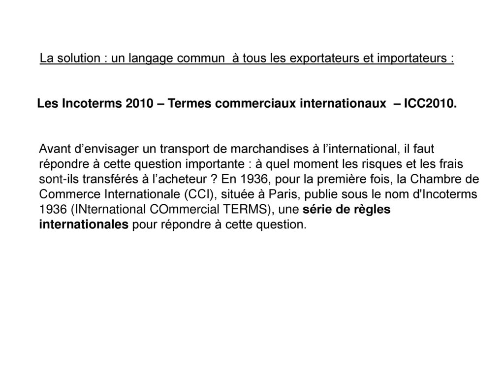 Les Incoterms 2010 – Termes commerciaux internationaux – ICC2010.
