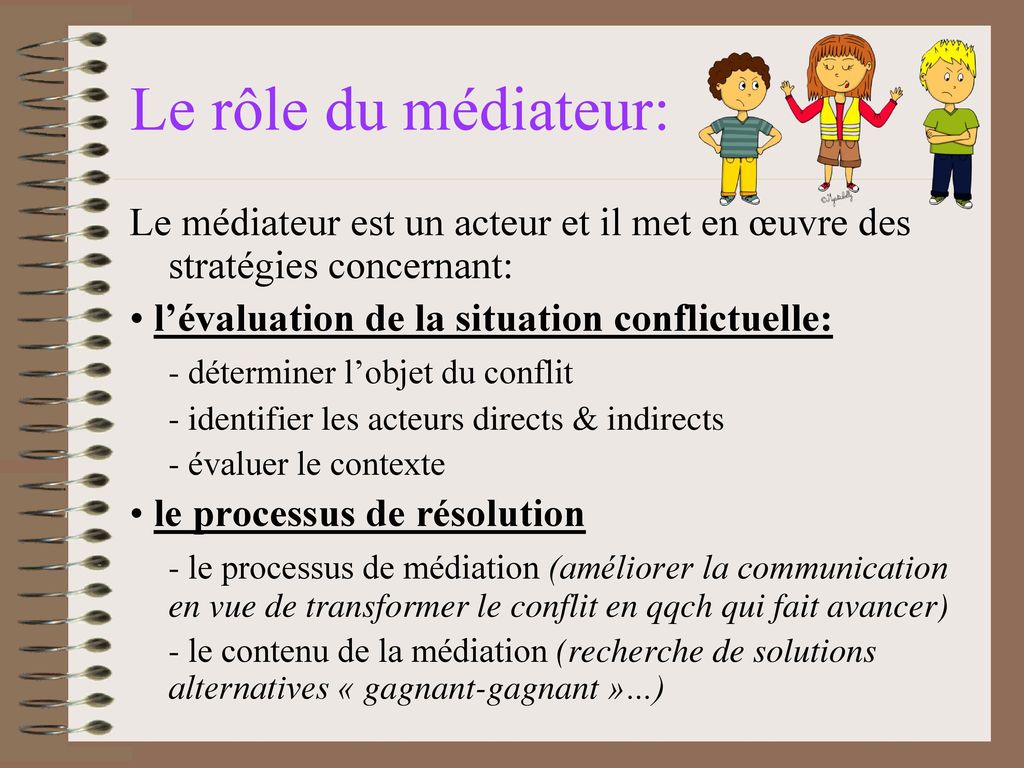Le rôle du médiateur: Le médiateur est un acteur et il met en œuvre des stratégies concernant: • l’évaluation de la situation conflictuelle: