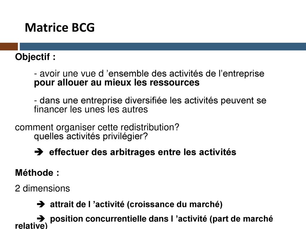 Matrice BCG Objectif : - avoir une vue d ’ensemble des activités de l’entreprise. pour allouer au mieux les ressources.
