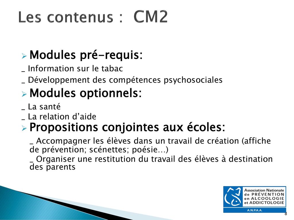 Les contenus : CM2 Modules pré-requis: Modules optionnels: