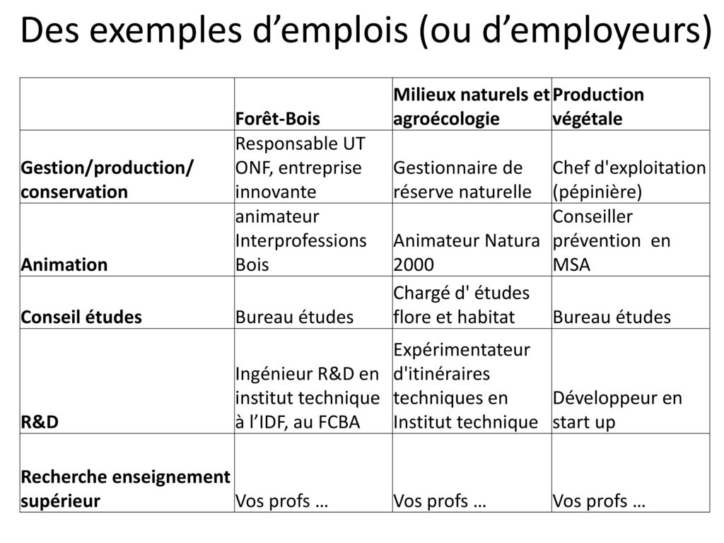 Des exemples d’emplois (ou d’employeurs)