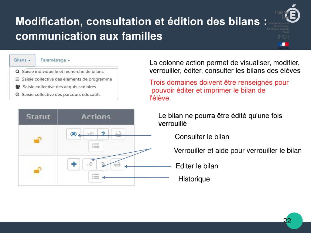 Modification, consultation et édition des bilans : communication aux familles