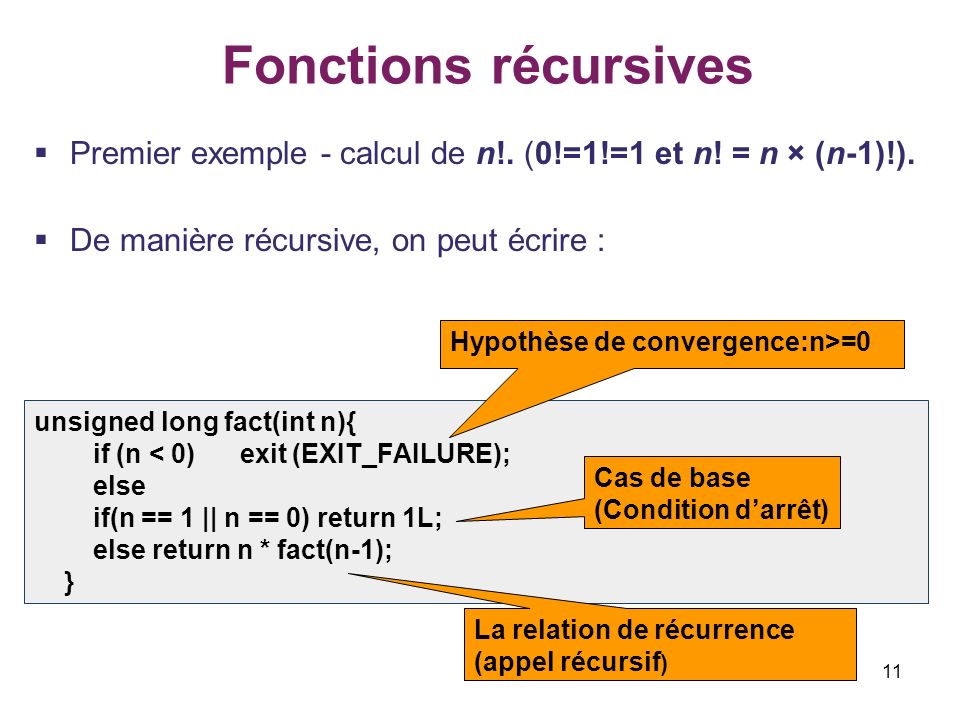 Fonctions récursives Premier exemple - calcul de n!. (0!=1!=1 et n! = n × (n-1)!). De manière récursive, on peut écrire :