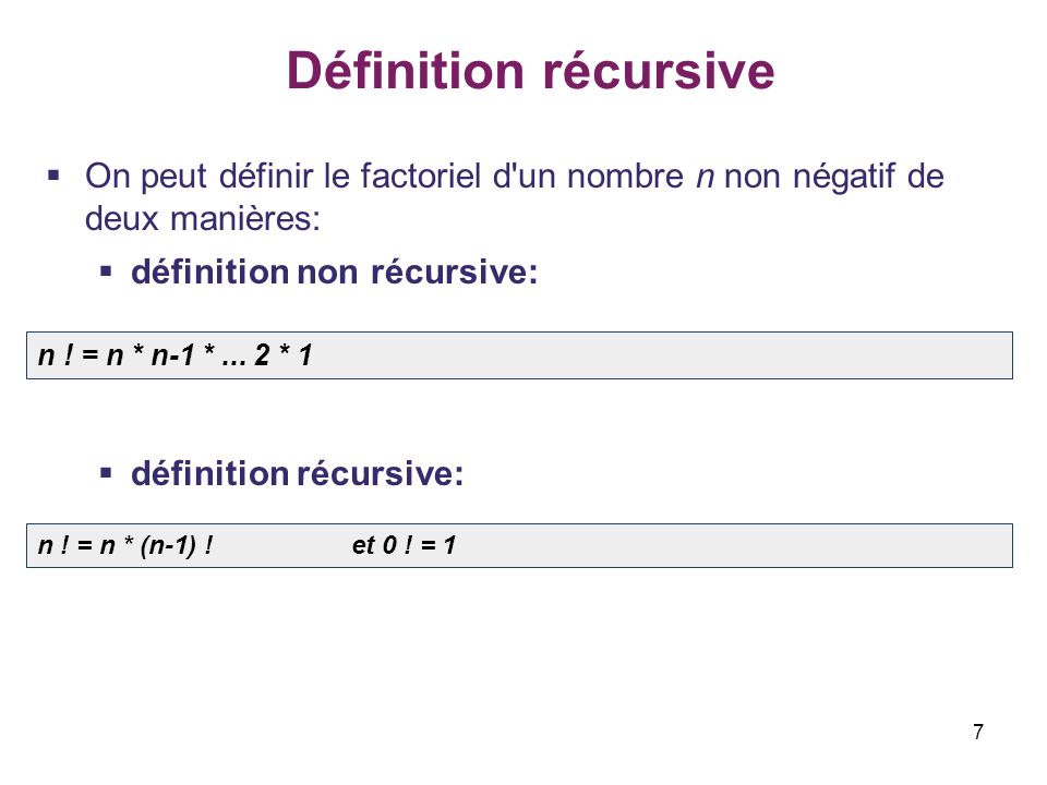 Définition récursive On peut définir le factoriel d un nombre n non négatif de deux manières: définition non récursive: