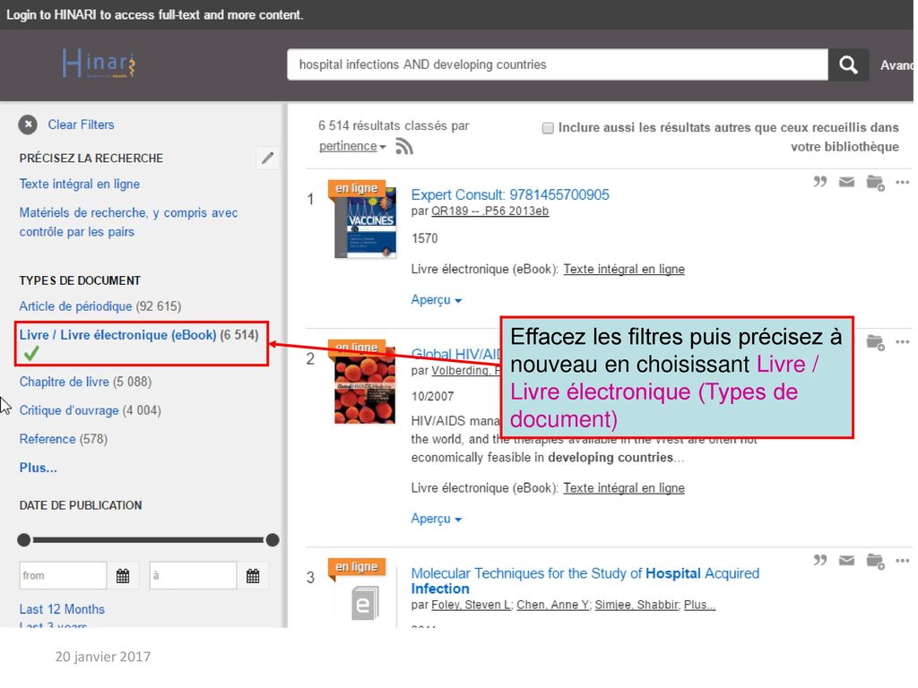 Effacez les filtres puis précisez à nouveau en choisissant Livre / Livre électronique (Types de document)