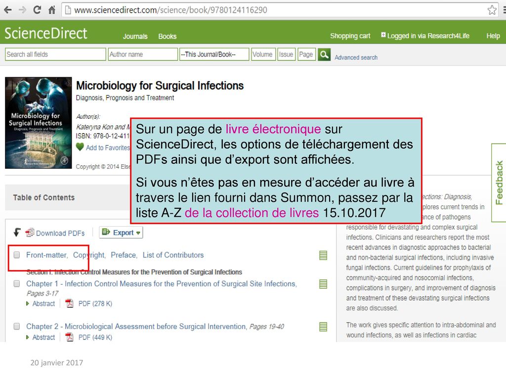 Sur un page de livre électronique sur ScienceDirect, les options de téléchargement des PDFs ainsi que d’export sont affichées.
