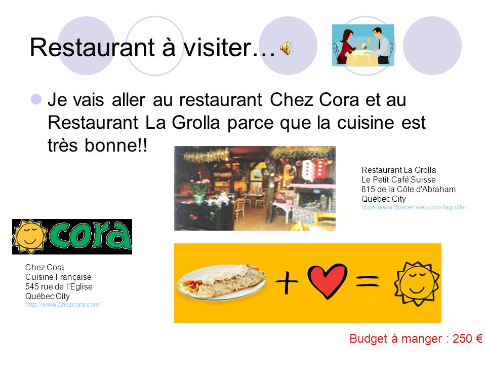 Restaurant à visiter… Je vais aller au restaurant Chez Cora et au Restaurant La Grolla parce que la cuisine est très bonne!!