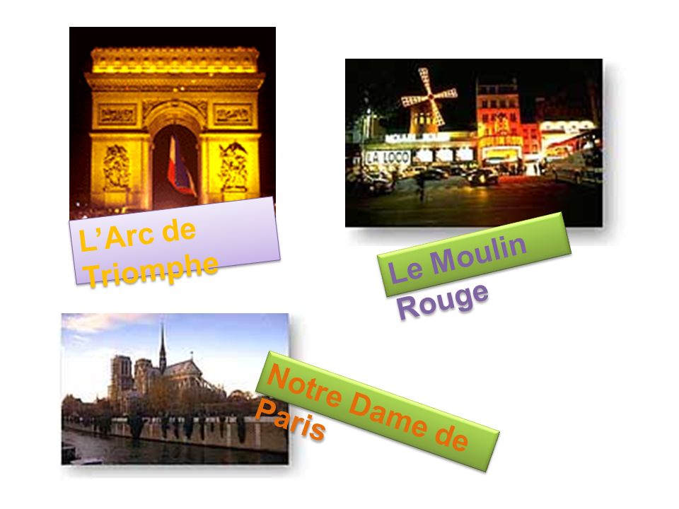 L’Arc de Triomphe Le Moulin Rouge Notre Dame de Paris