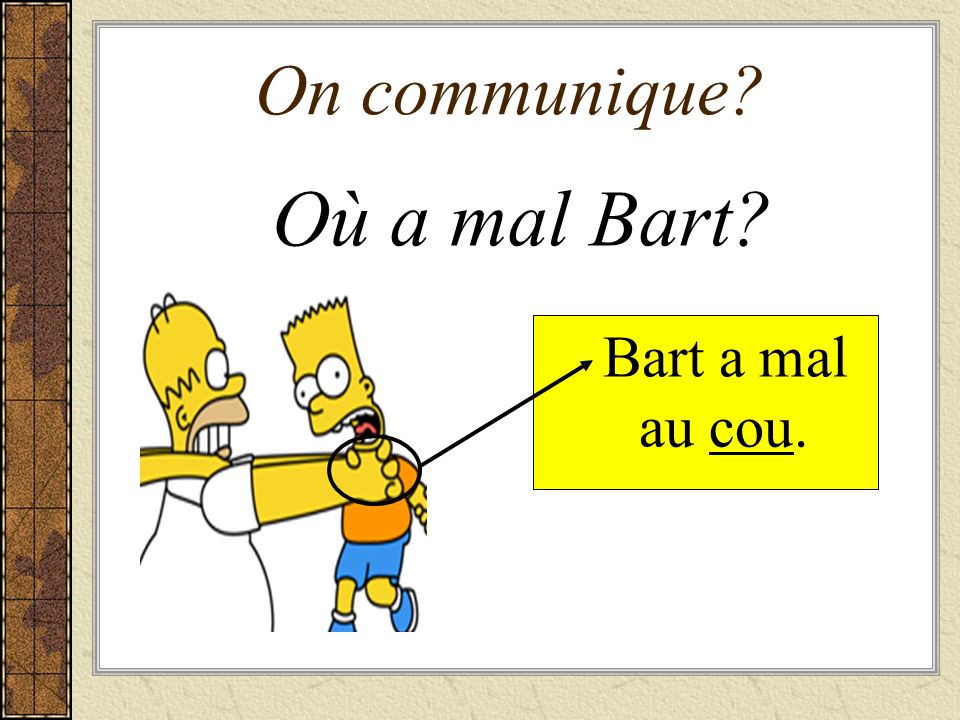 On communique Où a mal Bart Bart a mal au cou.