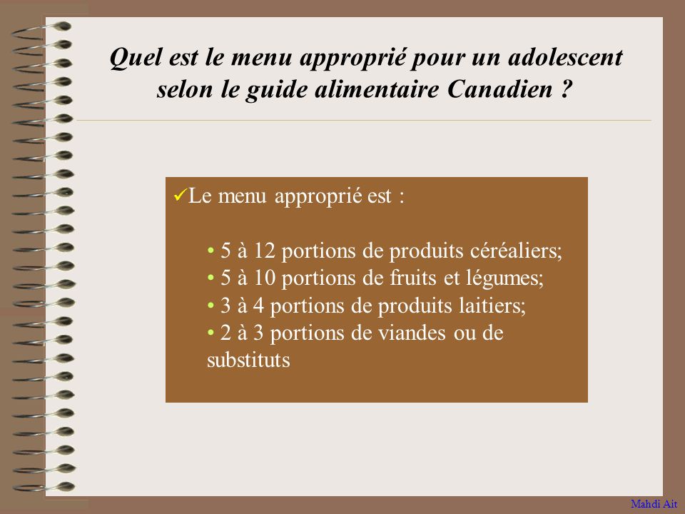Quel est le menu approprié pour un adolescent selon le guide alimentaire Canadien