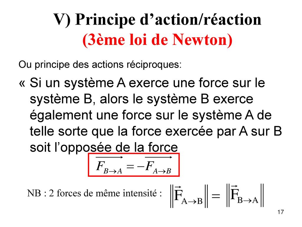 V) Principe d’action/réaction (3ème loi de Newton)