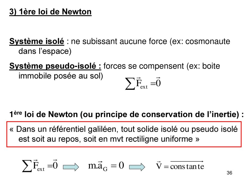 3) 1ère loi de Newton Système isolé : ne subissant aucune force (ex: cosmonaute dans l’espace)