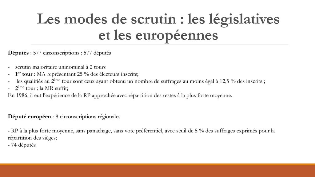 Les modes de scrutin : les législatives et les européennes