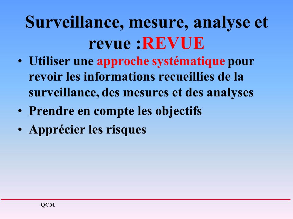 Surveillance, mesure, analyse et revue :REVUE