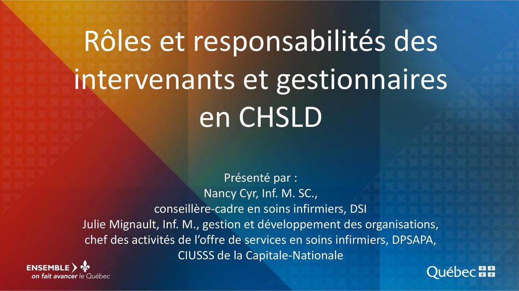 Rôles et responsabilités des intervenants et gestionnaires en CHSLD Présenté par : Nancy Cyr, Inf.
