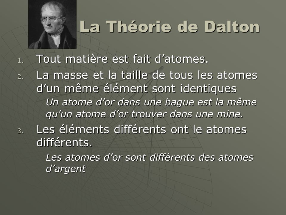 La Théorie de Dalton Tout matière est fait d’atomes.