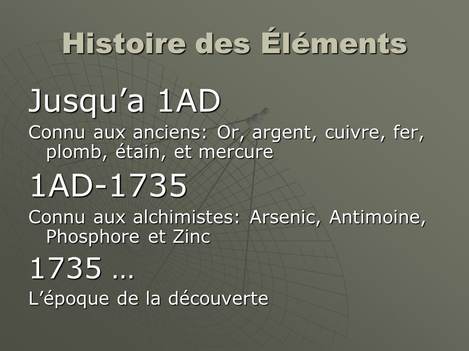Jusqu’a 1AD 1AD-1735 Histoire des Éléments 1735 …