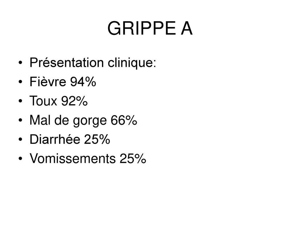 GRIPPE A Présentation clinique: Fièvre 94% Toux 92% Mal de gorge 66%