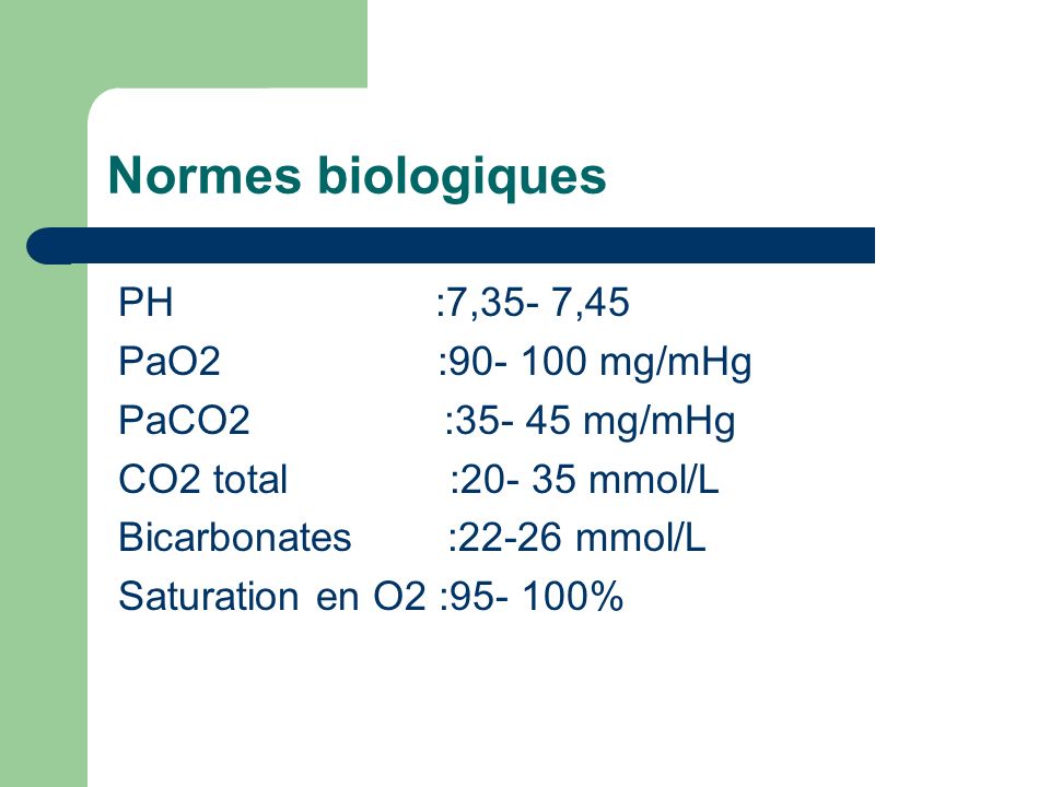 Normes biologiques PH :7,35- 7,45 PaO2 : mg/mHg