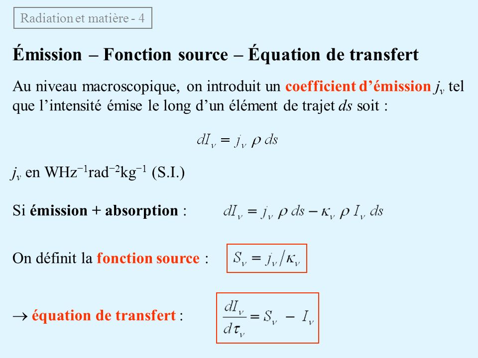 Émission – Fonction source – Équation de transfert