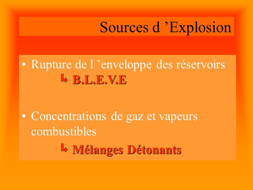 Sources d ’Explosion Rupture de l ’enveloppe des réservoirs B.L.E.V.E