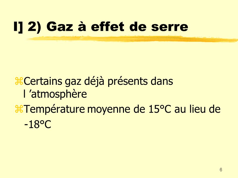I] 2) Gaz à effet de serre Certains gaz déjà présents dans l ’atmosphère. Température moyenne de 15°C au lieu de.
