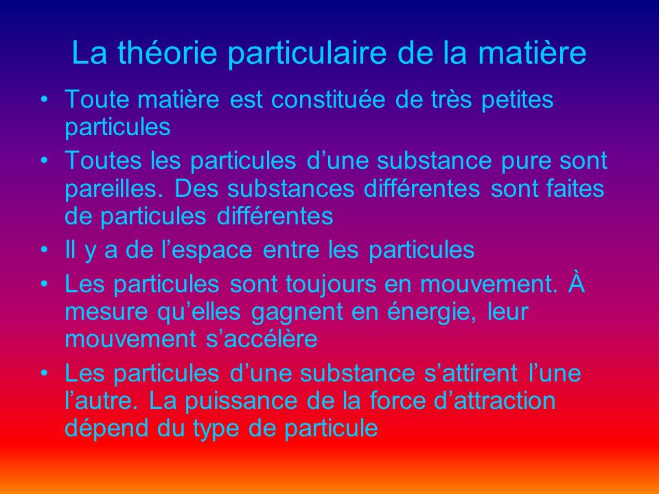 La théorie particulaire de la matière