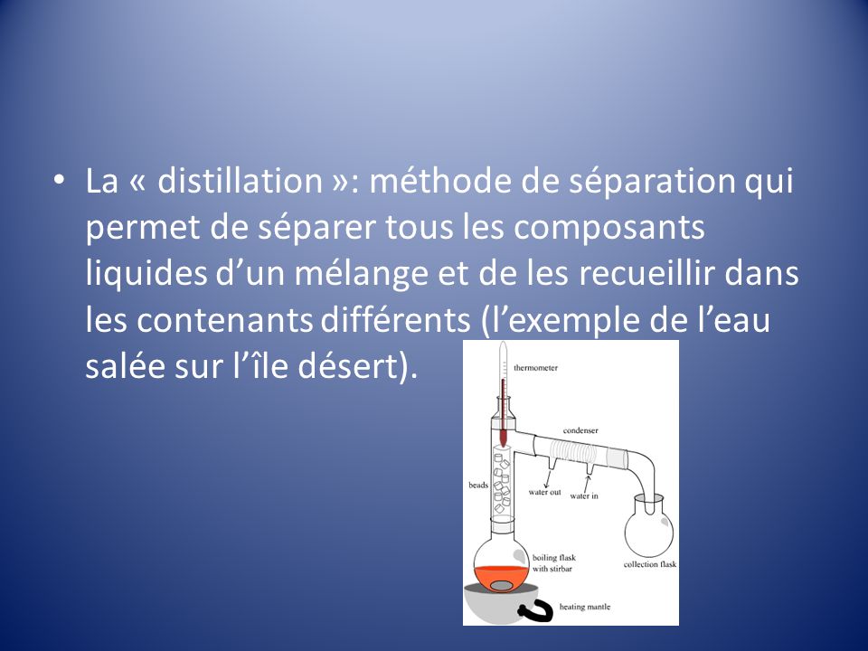 La « distillation »: méthode de séparation qui permet de séparer tous les composants liquides d’un mélange et de les recueillir dans les contenants différents (l’exemple de l’eau salée sur l’île désert).