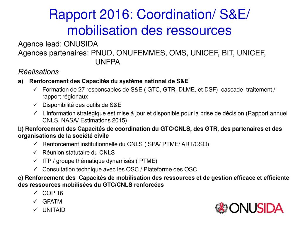 Rapport 2016: Coordination/ S&E/ mobilisation des ressources